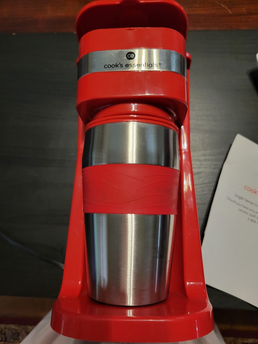 Cook's Essentials Red Single-Serve Coffee Brewer with Stainless Tumbler.Not Used